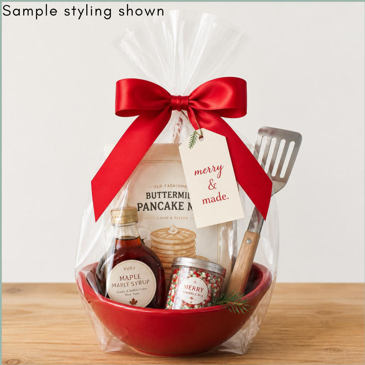 Merry Christmas Morning gift in a red bowl, styled as a sample